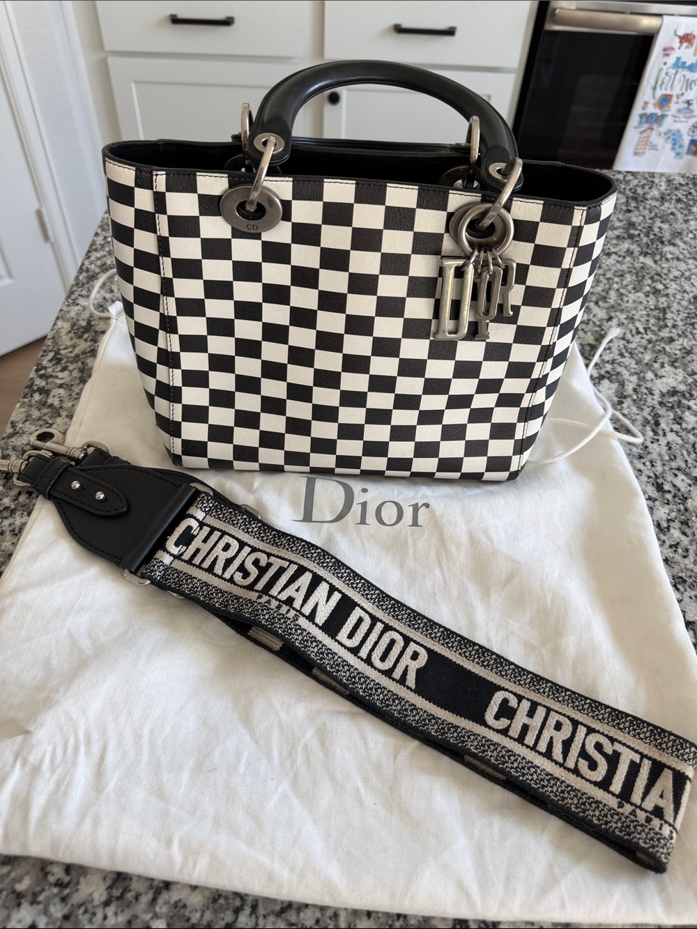 CHRISTIAN DIOR black & white leather 2018 CHECK LADY DIOR MEDIUM TOTE Bag